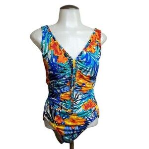 Croft & Barrow One-Piece Women Swimsuit US 14 Lined Ruched Floral Vibrant